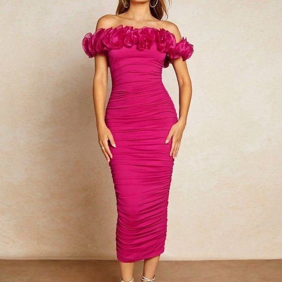 Pink Preppy Womens Off Shoulder Ruffle Trim Ruched Bodycon Dress - Picture 1 of 5